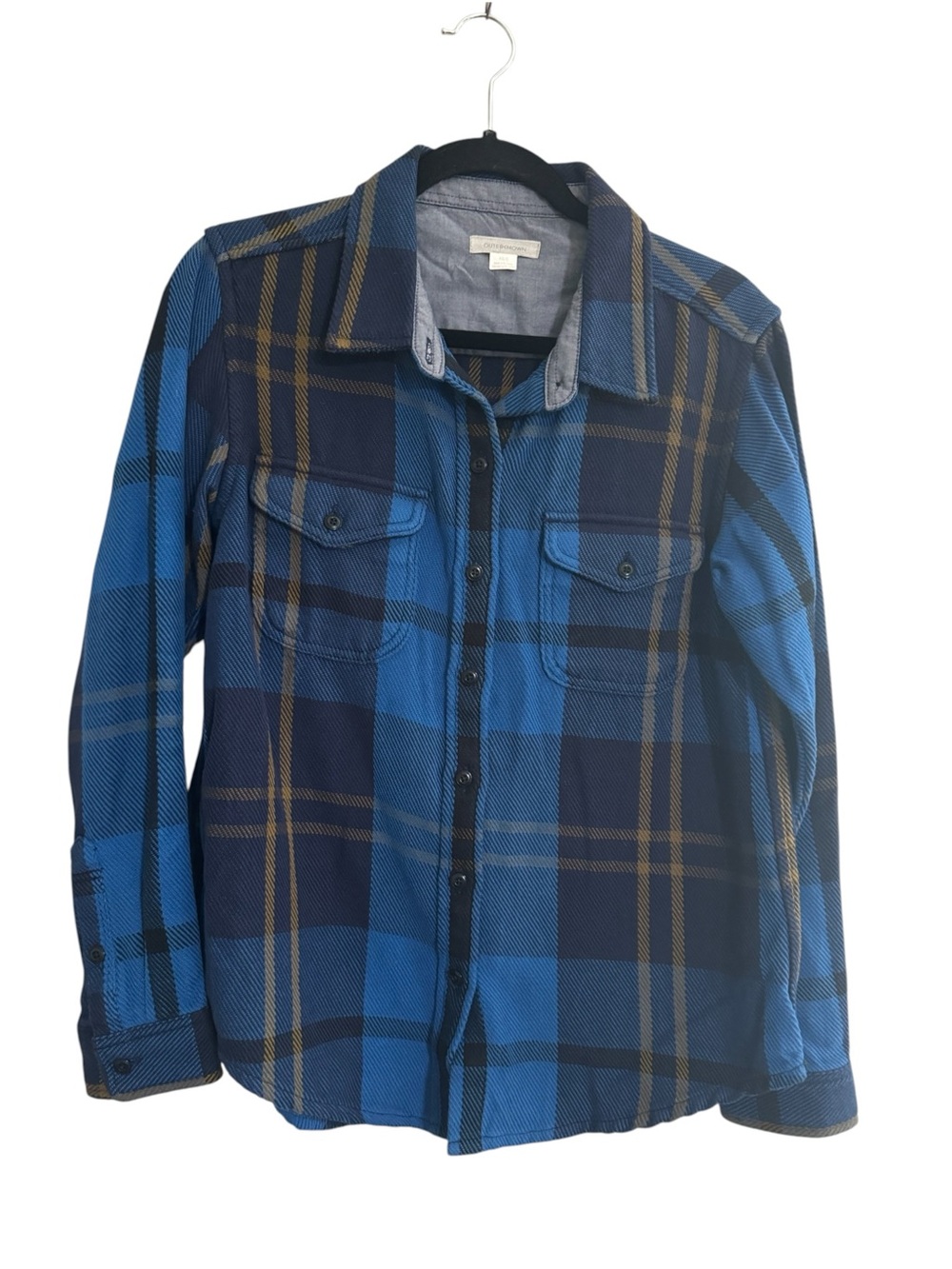 Outerknown Blanket Shirt Plaid Button Down Blue Gold Shacket Women XS /Small #NE
